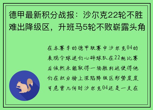 德甲最新积分战报：沙尔克22轮不胜难出降级区，升班马5轮不败崭露头角