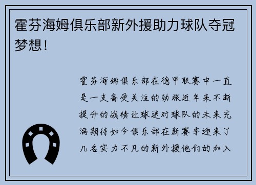 霍芬海姆俱乐部新外援助力球队夺冠梦想！