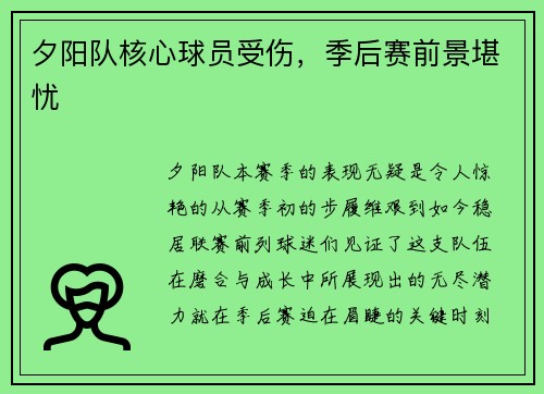 夕阳队核心球员受伤，季后赛前景堪忧