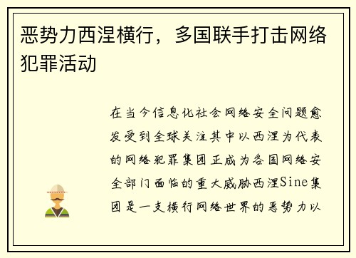恶势力西涅横行，多国联手打击网络犯罪活动