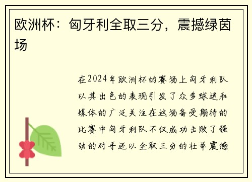 欧洲杯：匈牙利全取三分，震撼绿茵场