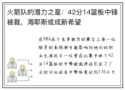 火箭队的潜力之星：42分14篮板中锋被裁，海耶斯或成新希望