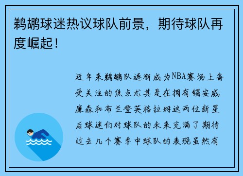 鹈鹕球迷热议球队前景，期待球队再度崛起！