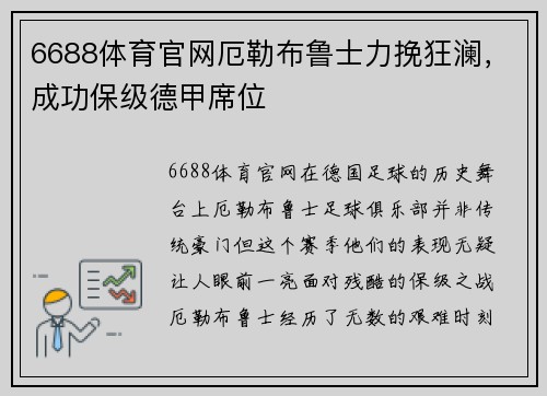 6688体育官网厄勒布鲁士力挽狂澜，成功保级德甲席位
