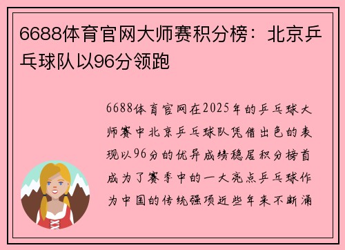 6688体育官网大师赛积分榜：北京乒乓球队以96分领跑