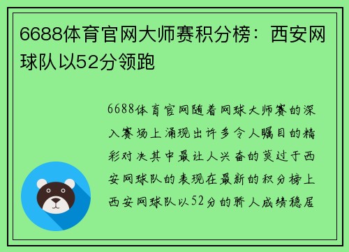 6688体育官网大师赛积分榜：西安网球队以52分领跑