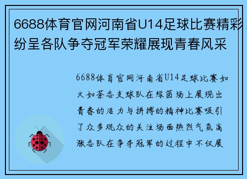 6688体育官网河南省U14足球比赛精彩纷呈各队争夺冠军荣耀展现青春风采
